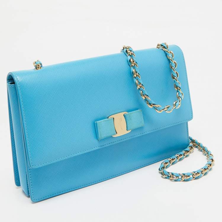 Pre Owned Salvatore Ferragamo Light Blue Leather Ginny Shoulder Bag