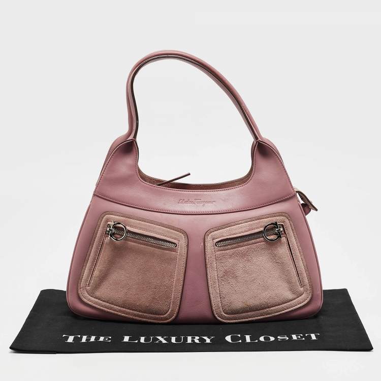 Pre Owned Salvatore Ferragamo Pink Leather and Suede Gancini Pocket Shoulder Bag