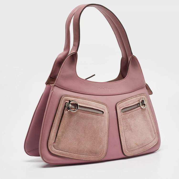 Pre Owned Salvatore Ferragamo Pink Leather and Suede Gancini Pocket Shoulder Bag