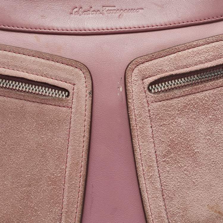 Pre Owned Salvatore Ferragamo Pink Leather and Suede Gancini Pocket Shoulder Bag