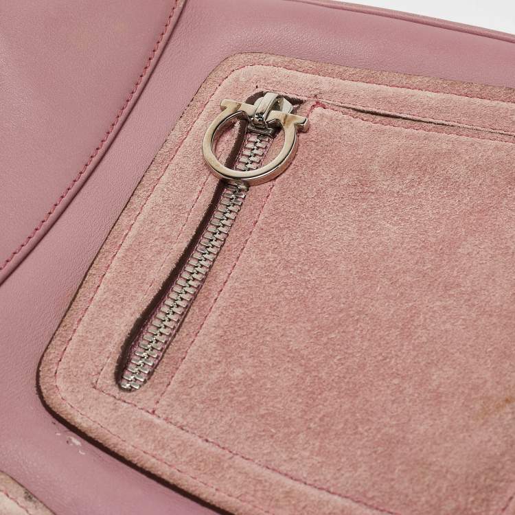 Pre Owned Salvatore Ferragamo Pink Leather and Suede Gancini Pocket Shoulder Bag