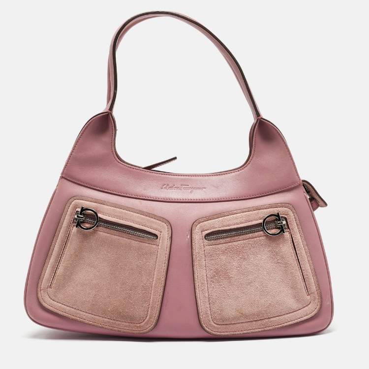 Pre Owned Salvatore Ferragamo Pink Leather and Suede Gancini Pocket Shoulder Bag