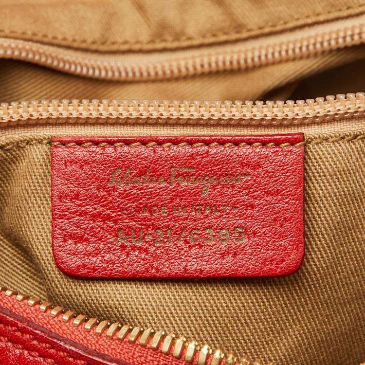 Pre Owned Salvatore Ferragamo Bright Red Leather and Fabric Logo Hobo