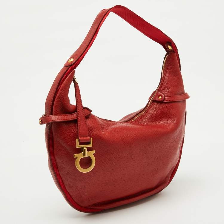 Pre Owned Salvatore Ferragamo Bright Red Leather and Fabric Logo Hobo