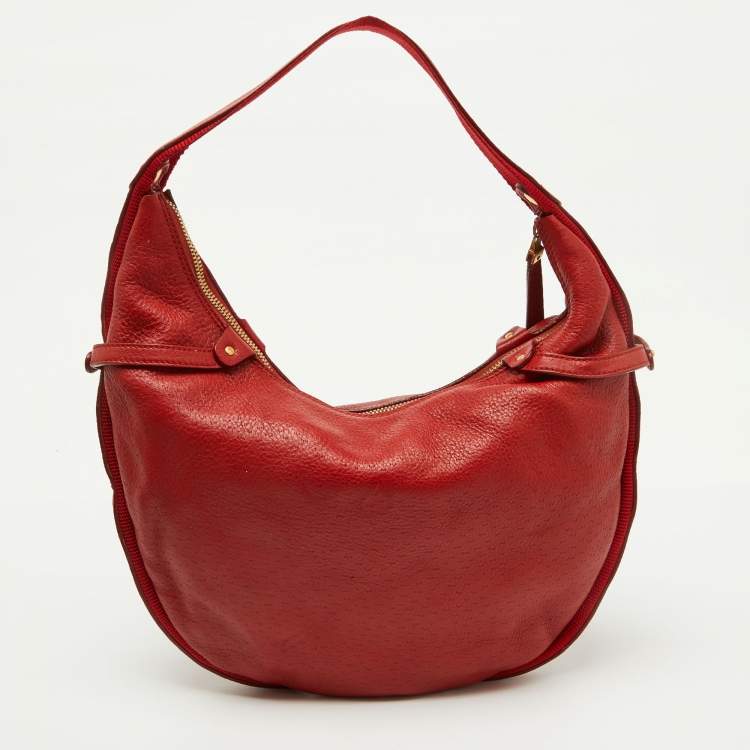 Pre Owned Salvatore Ferragamo Bright Red Leather and Fabric Logo Hobo