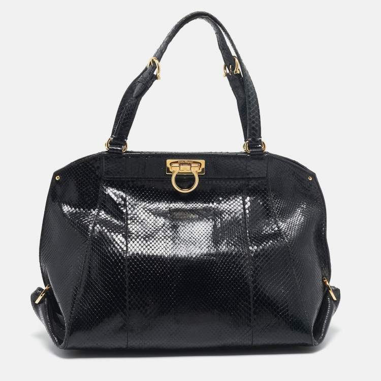 Pre Owned Salvatore Ferragamo Black Python Gancio Satchel
