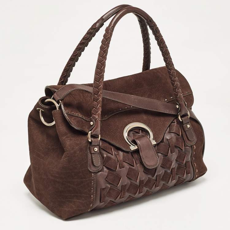 Pre Owned Salvatore Ferragamo Dark Brown Nubuck and Leather Woven Gancini Flap Satchel