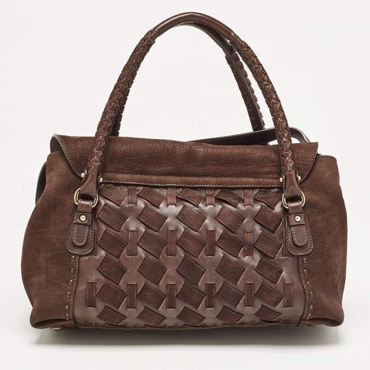 Pre Owned Salvatore Ferragamo Dark Brown Nubuck and Leather Woven Gancini Flap Satchel