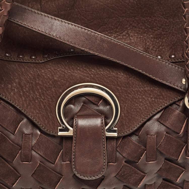 Pre Owned Salvatore Ferragamo Dark Brown Nubuck and Leather Woven Gancini Flap Satchel