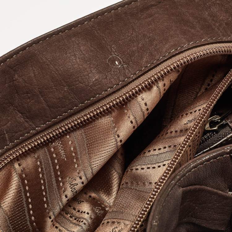 Pre Owned Salvatore Ferragamo Dark Brown Nubuck and Leather Woven Gancini Flap Satchel