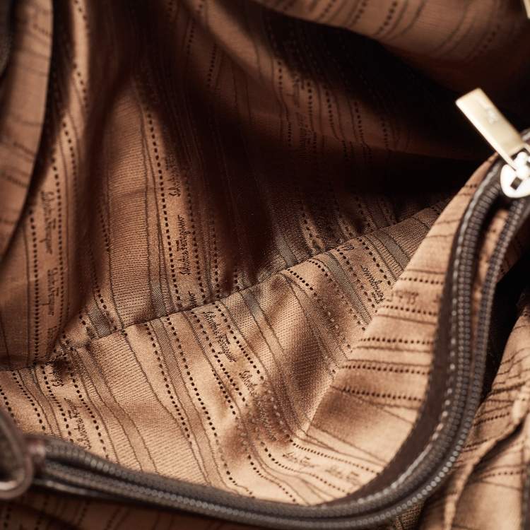 Pre Owned Salvatore Ferragamo Dark Brown Nubuck and Leather Woven Gancini Flap Satchel