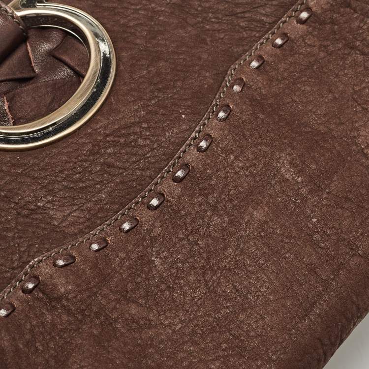 Pre Owned Salvatore Ferragamo Dark Brown Nubuck and Leather Woven Gancini Flap Satchel