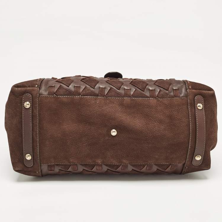 Pre Owned Salvatore Ferragamo Dark Brown Nubuck and Leather Woven Gancini Flap Satchel