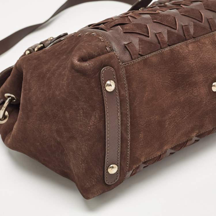 Pre Owned Salvatore Ferragamo Dark Brown Nubuck and Leather Woven Gancini Flap Satchel