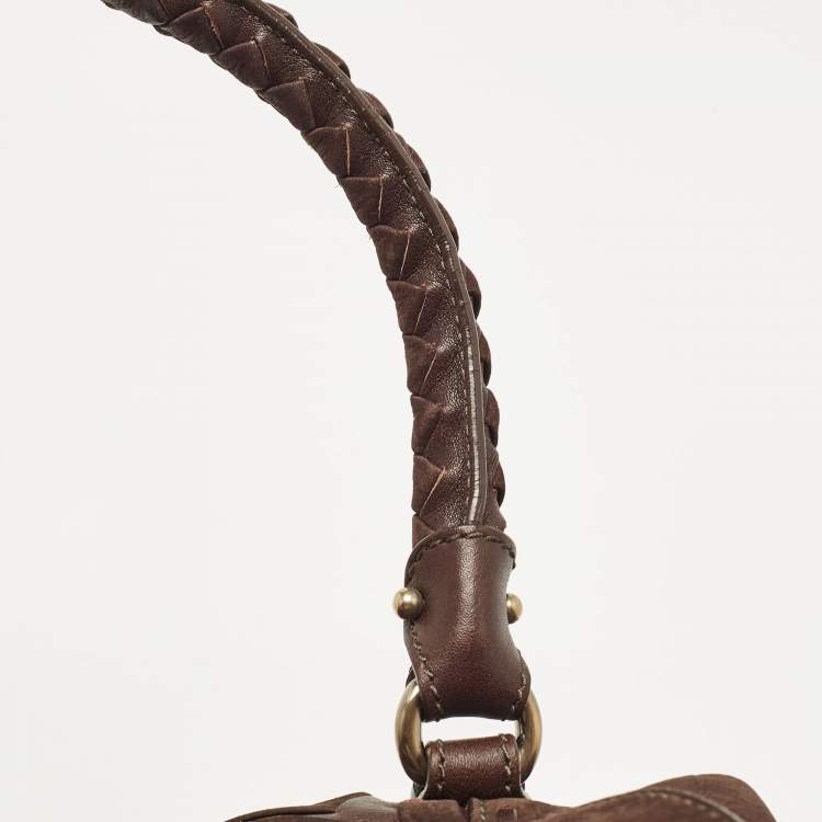 Pre Owned Salvatore Ferragamo Dark Brown Nubuck and Leather Woven Gancini Flap Satchel