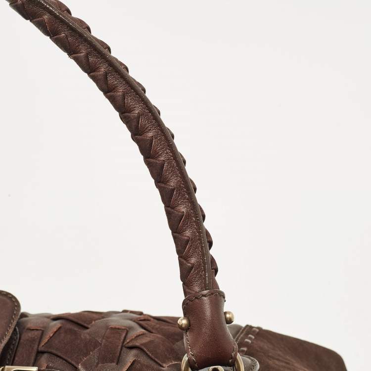Pre Owned Salvatore Ferragamo Dark Brown Nubuck and Leather Woven Gancini Flap Satchel