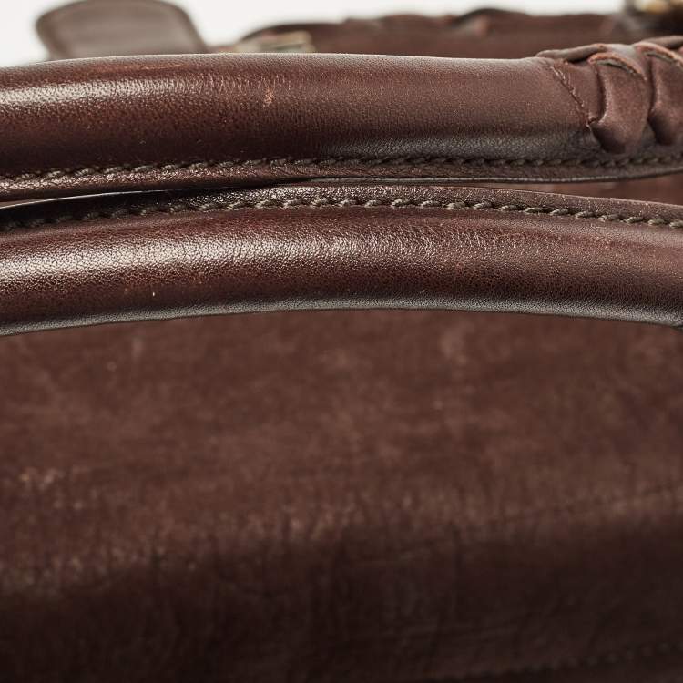 Pre Owned Salvatore Ferragamo Dark Brown Nubuck and Leather Woven Gancini Flap Satchel