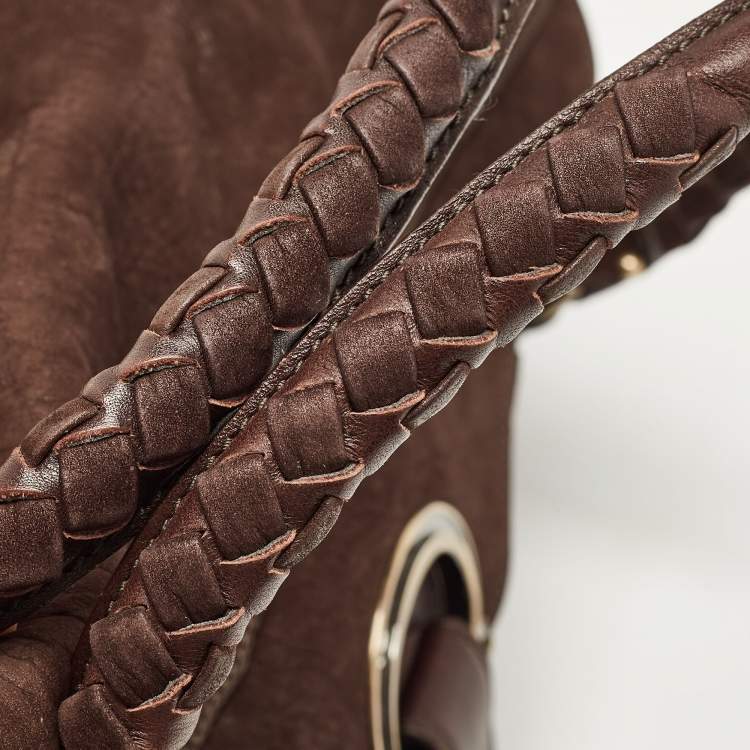 Pre Owned Salvatore Ferragamo Dark Brown Nubuck and Leather Woven Gancini Flap Satchel