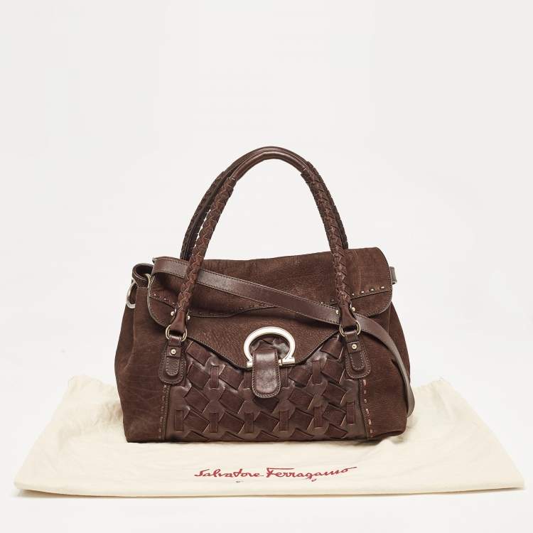 Pre Owned Salvatore Ferragamo Dark Brown Nubuck and Leather Woven Gancini Flap Satchel