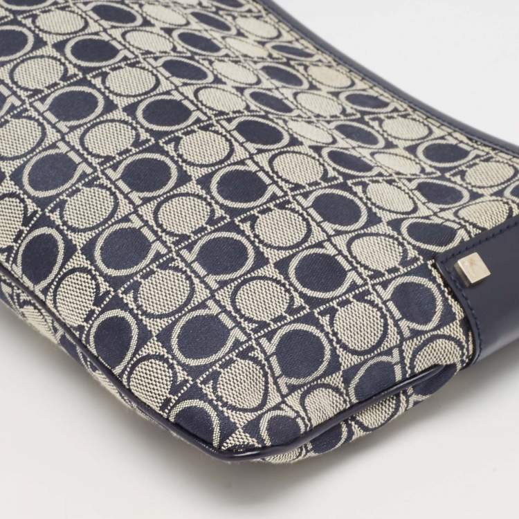 Pre Owned Salvatore Ferragamo Navy Blue Gancini Print Fabric and Leather Shoulder Bag