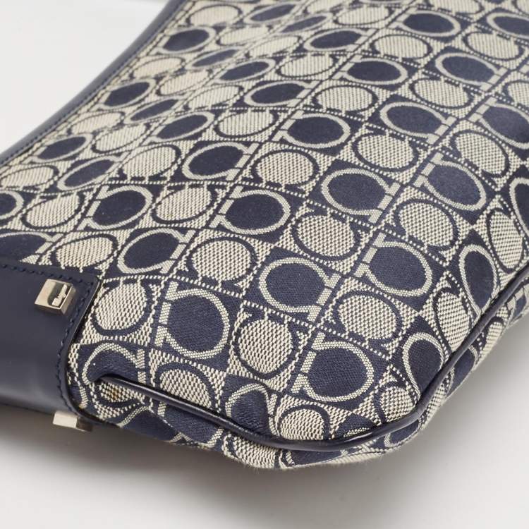 Pre Owned Salvatore Ferragamo Navy Blue Gancini Print Fabric and Leather Shoulder Bag