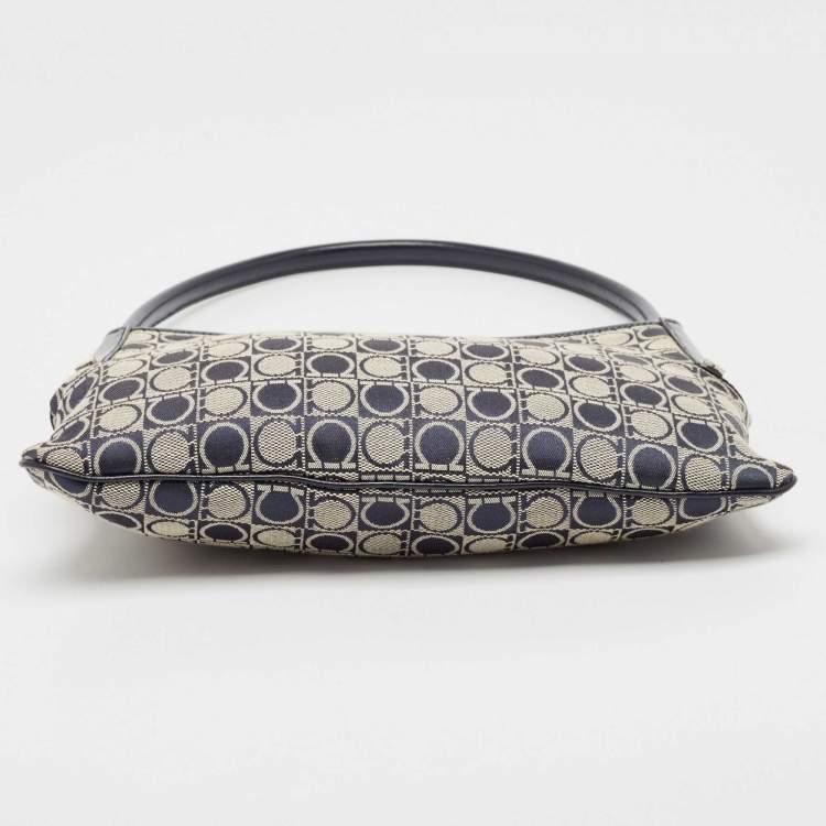 Pre Owned Salvatore Ferragamo Navy Blue Gancini Print Fabric and Leather Shoulder Bag