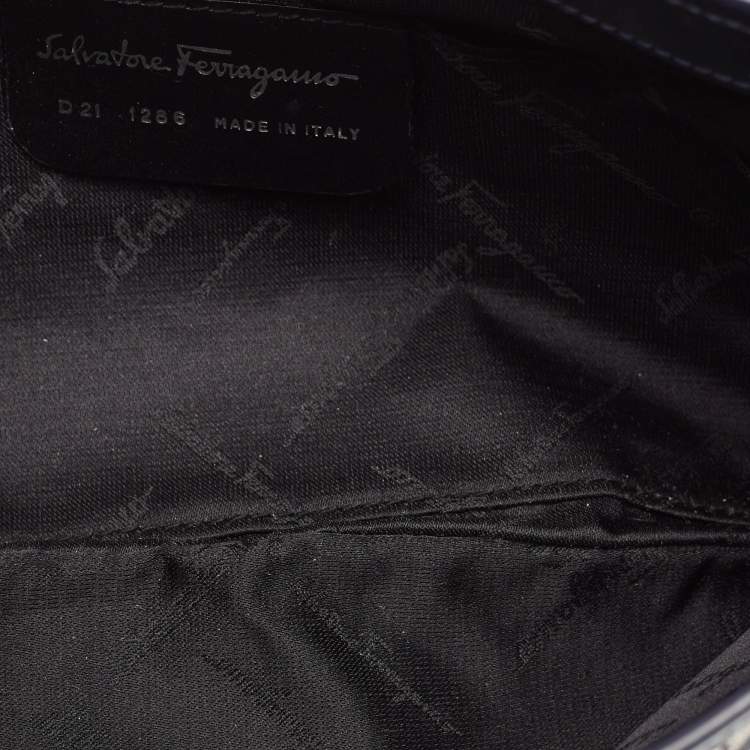 Pre Owned Salvatore Ferragamo Navy Blue Gancini Print Fabric and Leather Shoulder Bag