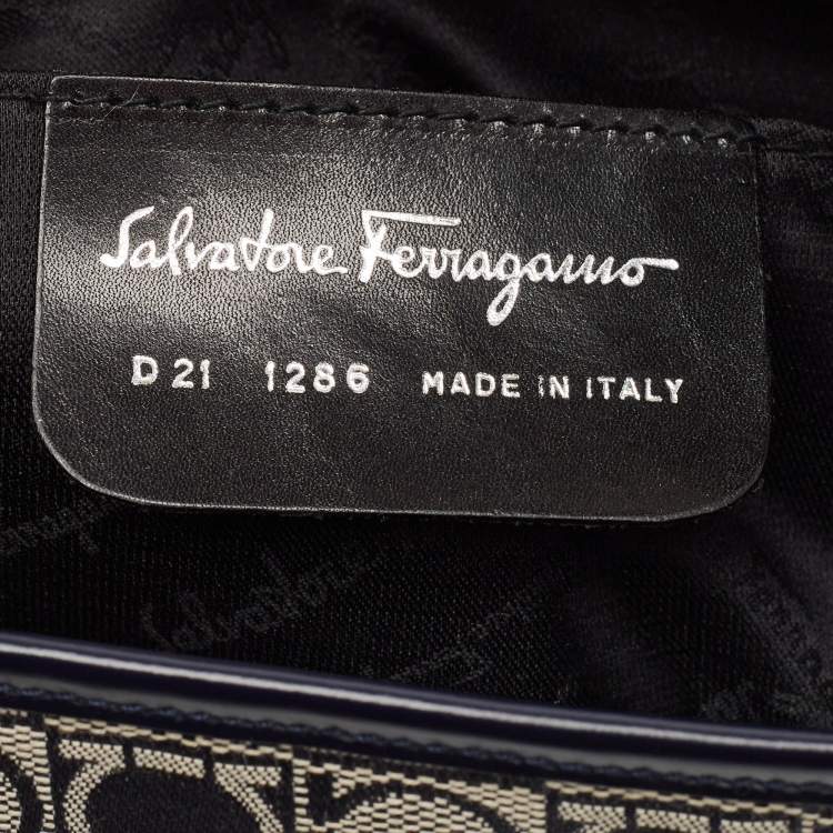 Pre Owned Salvatore Ferragamo Navy Blue Gancini Print Fabric and Leather Shoulder Bag