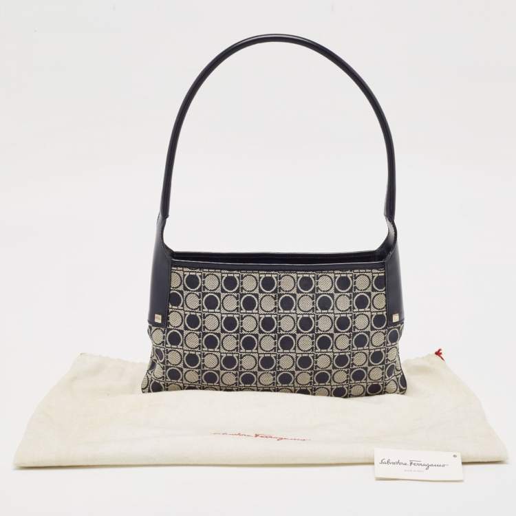 Pre Owned Salvatore Ferragamo Navy Blue Gancini Print Fabric and Leather Shoulder Bag