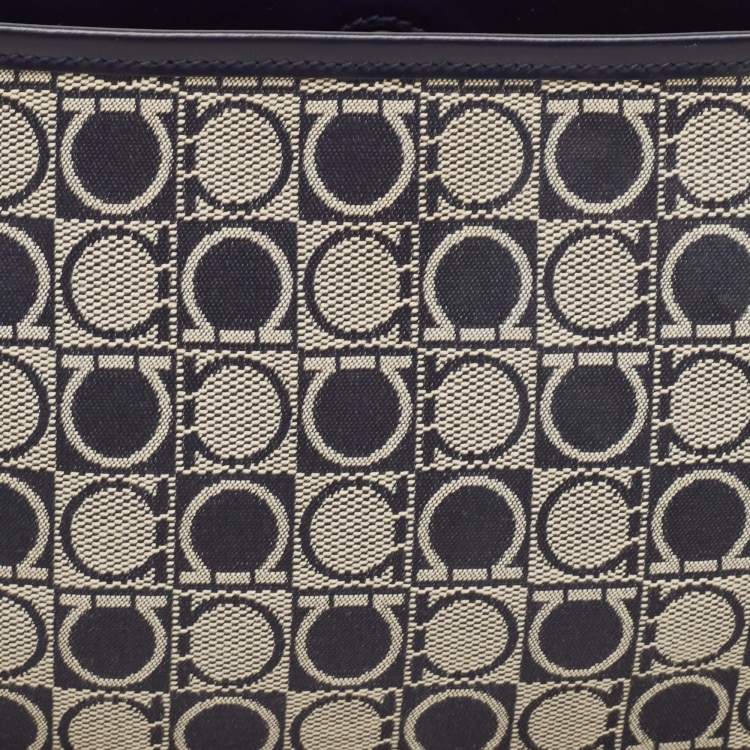 Pre Owned Salvatore Ferragamo Navy Blue Gancini Print Fabric and Leather Shoulder Bag