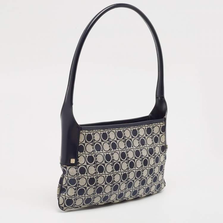 Pre Owned Salvatore Ferragamo Navy Blue Gancini Print Fabric and Leather Shoulder Bag