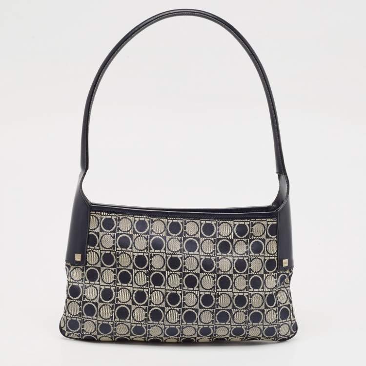 Pre Owned Salvatore Ferragamo Navy Blue Gancini Print Fabric and Leather Shoulder Bag