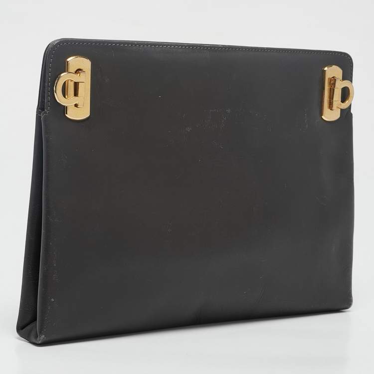 Pre Owned Salvatore Ferragamo Dark Grey Leather Clutch