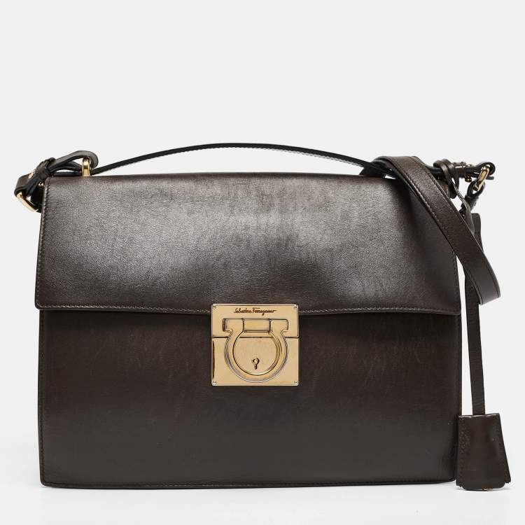 Pre Owned Salvatore Ferragamo Dark Brown Leather Gancio Shoulder Bag