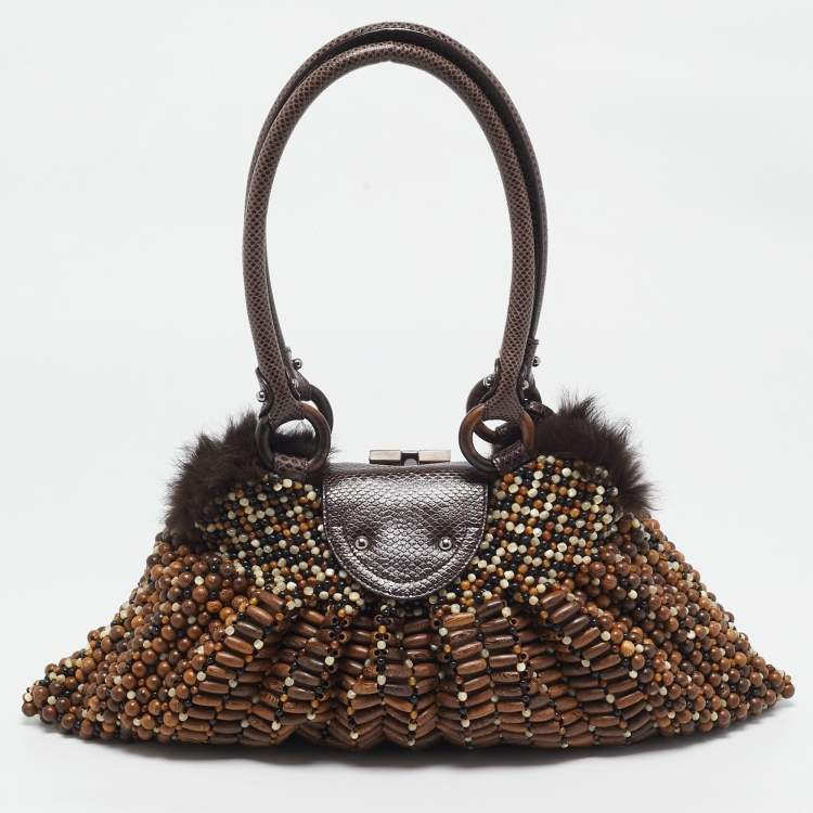 Pre Owned Salvatore Ferragamo Brown Wood Beaded and Lizard Shoulder Bag