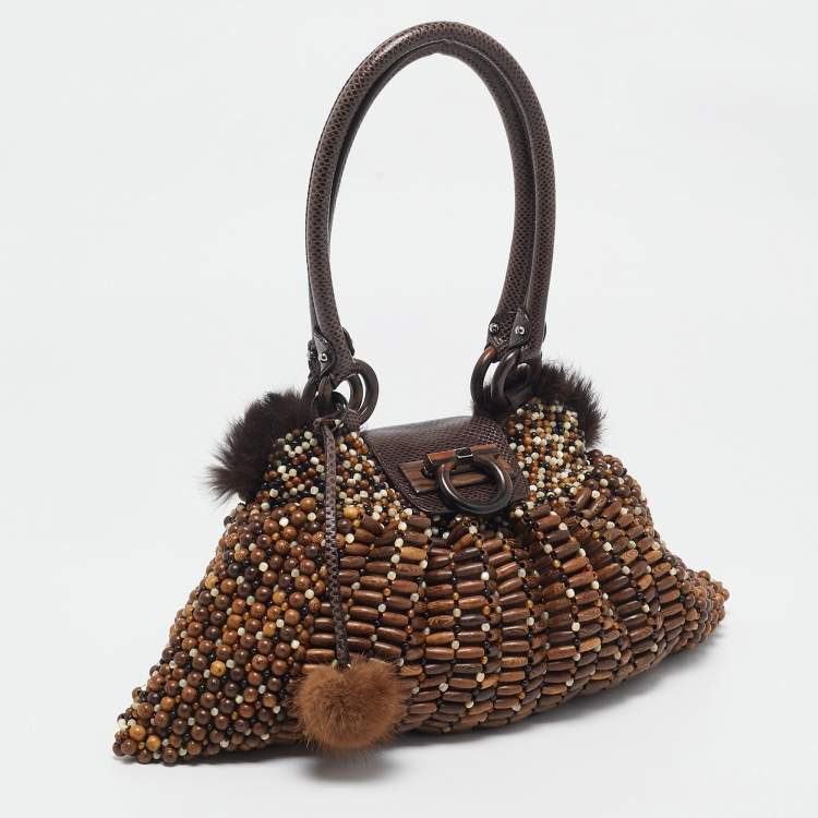 Pre Owned Salvatore Ferragamo Brown Wood Beaded and Lizard Shoulder Bag