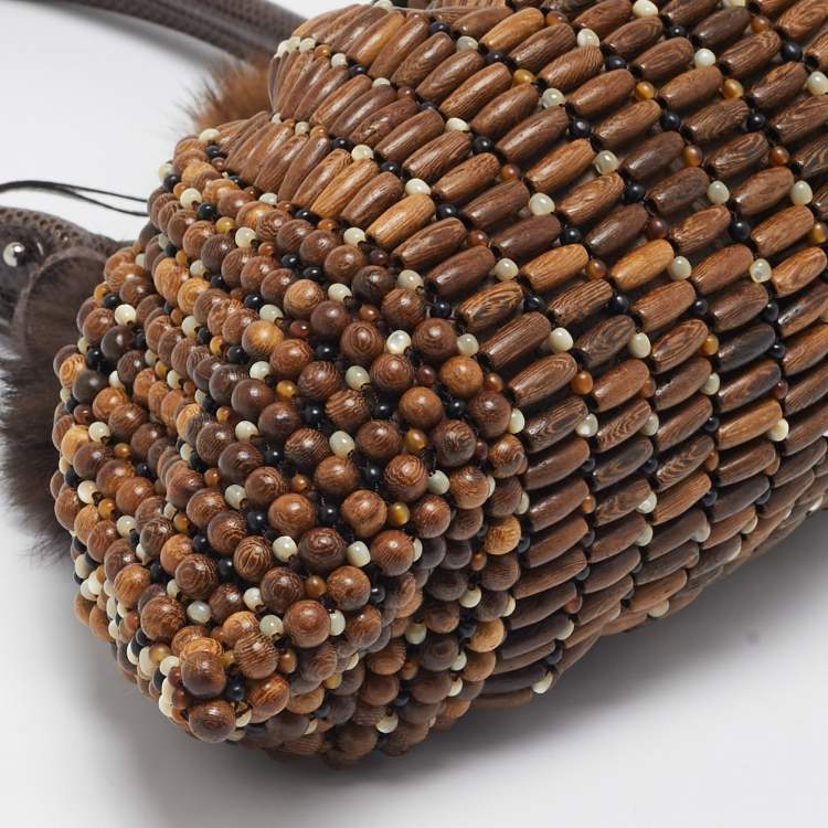 Pre Owned Salvatore Ferragamo Brown Wood Beaded and Lizard Shoulder Bag