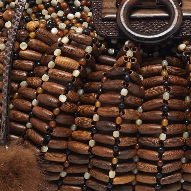 Pre Owned Salvatore Ferragamo Brown Wood Beaded and Lizard Shoulder Bag