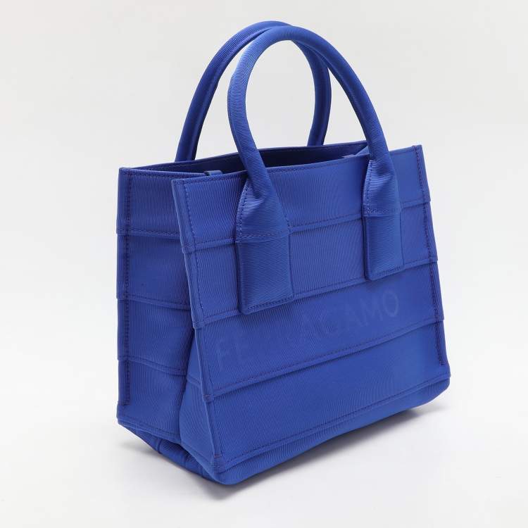 Pre Owned Salvatore Ferragamo Blue Logo Print Nylon Tote