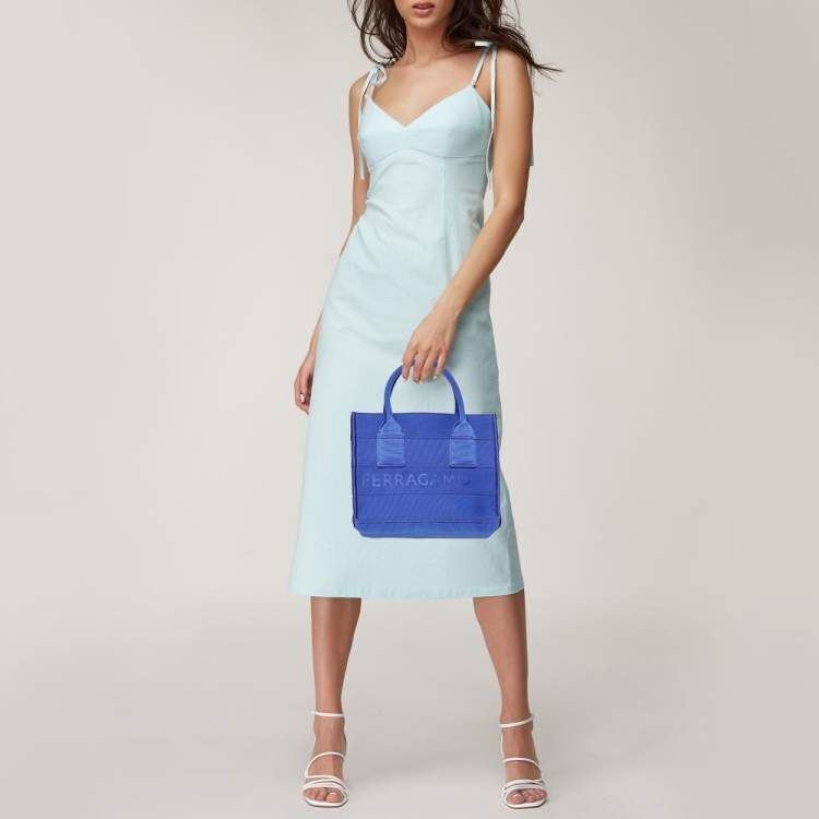 Pre Owned Salvatore Ferragamo Blue Logo Print Nylon Tote