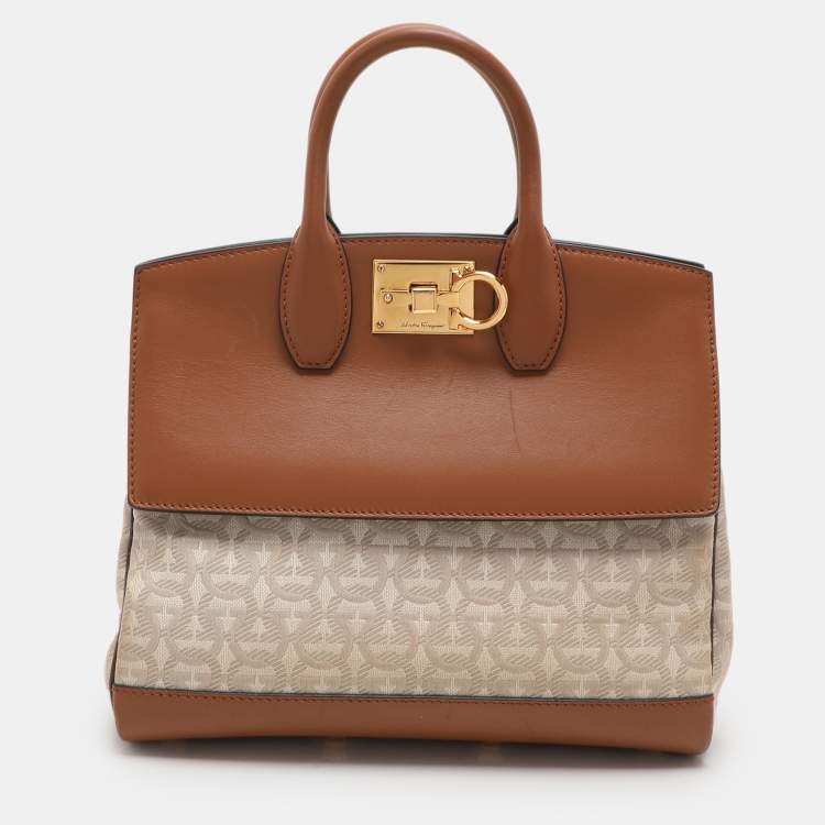 Pre Owned Salvatore Ferragamo Beige/Brown Canvas and Leather Medium The Studio Tote
