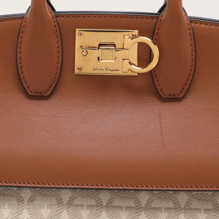 Pre Owned Salvatore Ferragamo Beige/Brown Canvas and Leather Medium The Studio Tote