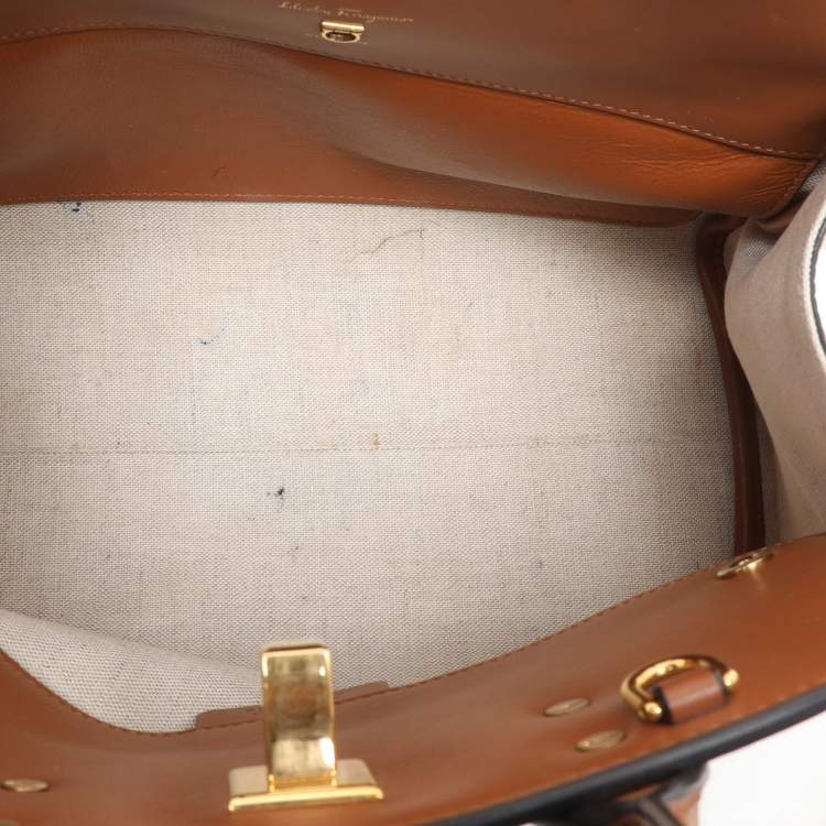 Pre Owned Salvatore Ferragamo Beige/Brown Canvas and Leather Medium The Studio Tote