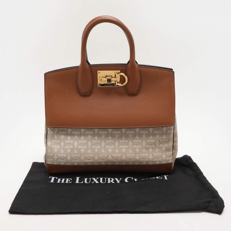 Pre Owned Salvatore Ferragamo Beige/Brown Canvas and Leather Medium The Studio Tote