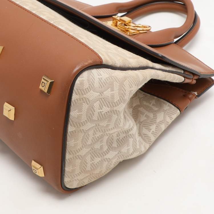 Pre Owned Salvatore Ferragamo Beige/Brown Canvas and Leather Medium The Studio Tote