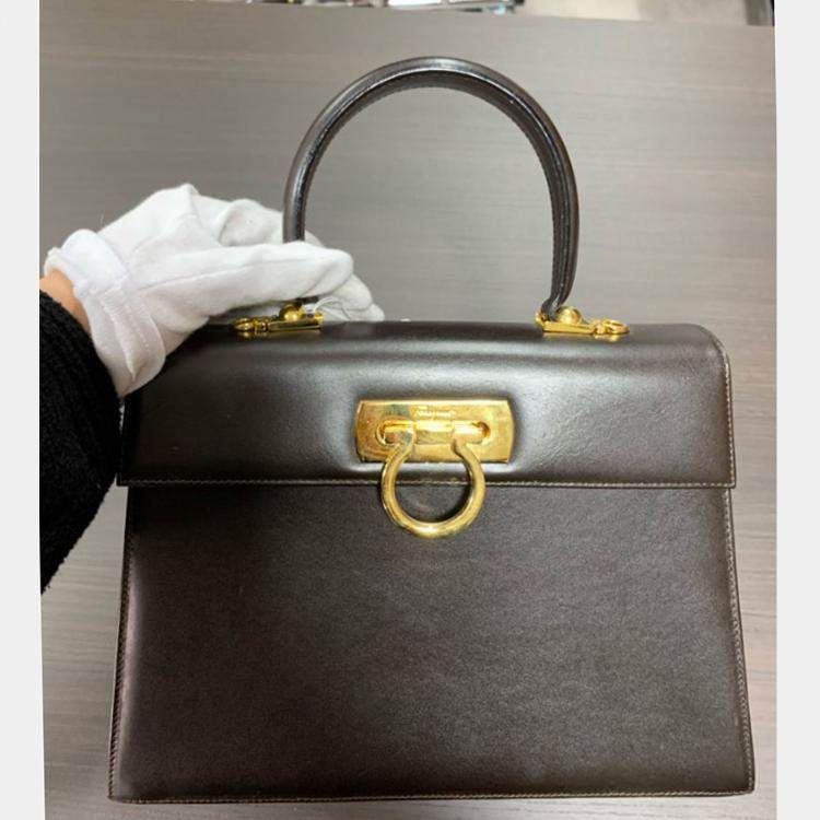 Pre Owned Salvatore Ferragamo Black Brown Leather Gancini Handbag