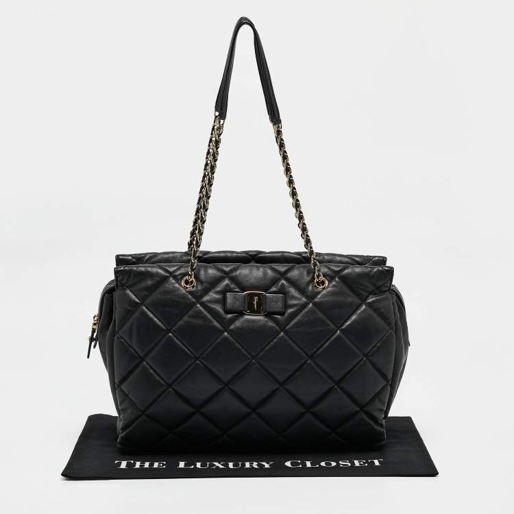 Pre Owned Salvatore Ferragamo Black Quilted Leather Ginette Chain Shoulder Bag