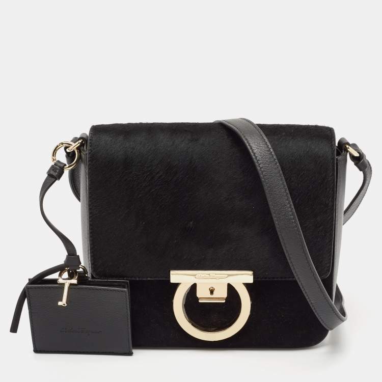Pre Owned Salvatore Ferragamo Black Calf Hair and Leather Gancini Lock Shoulder Bag