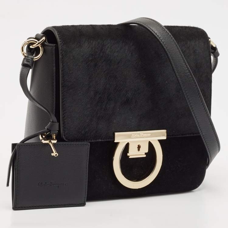 Pre Owned Salvatore Ferragamo Black Calf Hair and Leather Gancini Lock Shoulder Bag
