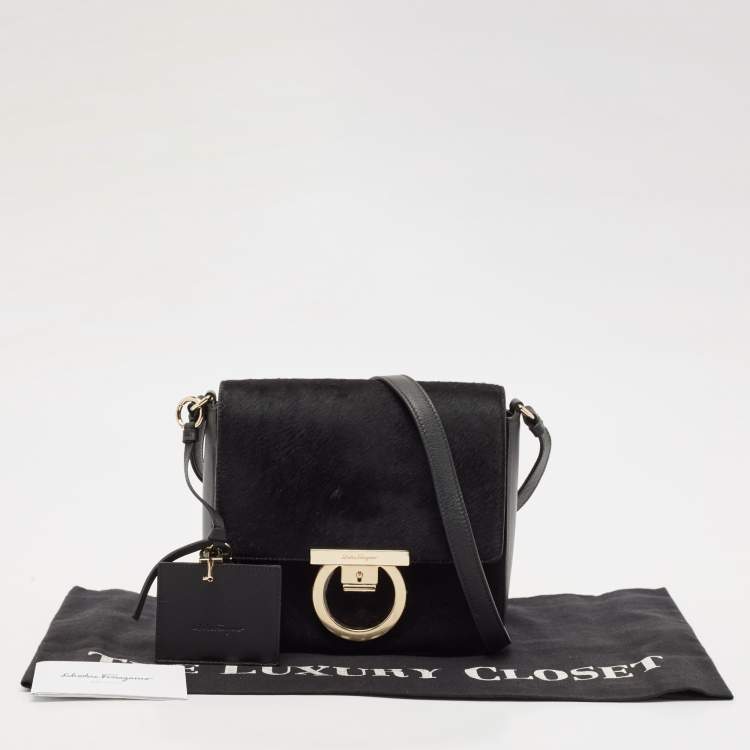 Pre Owned Salvatore Ferragamo Black Calf Hair and Leather Gancini Lock Shoulder Bag